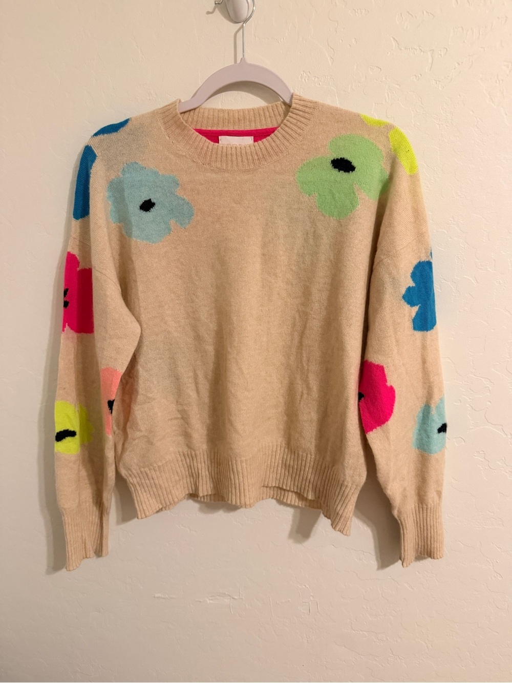 Brodie Cashmere Beige Crewneck Sweater Neon Floral Motifs Small